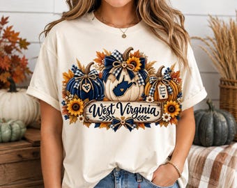 Kürbis aus West Virginia (PNG), orange-weiß kariertes Herbst-Sublimationsdesign, Kürbisgrafik für den Herbst in West Virginia, gemütlicher Kürbis im Landhausstil (PNG)
