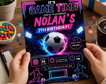 Neon Fußball-Geburtstagseinladungsvorlage, bearbeitbare Fußballparty einladen, es ist Spielzeit Geburtstagseinladung, Jungen Sport Geburtstag CanvaTemplate