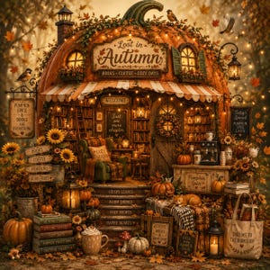 May include: A whimsical pumpkin-shaped bookstore with a striped awning, featuring the text Lost in Autumn, Books, Coffee, Cozy Days. The scene includes a green armchair, bookshelves, a coffee machine, pumpkins, sunflowers, and a tote bag.