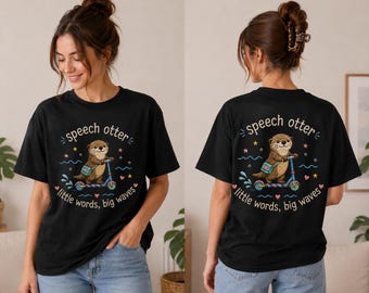 Camiseta com estampa de lontra, camiseta "Pequenas Palavras, Grandes Ondas", camiseta para fonoaudiólogos, presente para terapeutas da fala, camiseta para terapeutas pediátricos, camiseta fofa de lontra