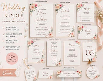 Paquete de 12 plantillas de Canva para bodas, invitaciones de boda editables, letreros de boda imprimibles, planificador de despedida de soltera, descarga instantánea.