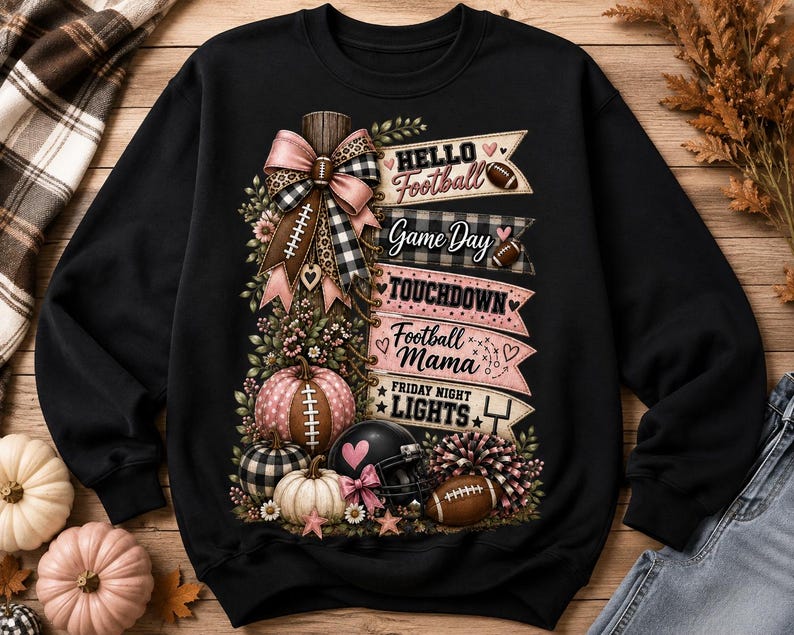May include: A black sweatshirt featuring a graphic print of a football-themed design with pumpkins, a helmet, a bow, and banners reading Hello Football, Game Day, TOUCHDOWN, Football Mama, and FRIDAY NIGHT LIGHTS with various football icons.