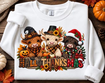 Highland Cows Hollothankmas PNG,TSirt Design,Shirt Graphic,Fall Holiday Cow Sublimation Design,Festive Cow Shirt,Cute Highland Cow Printable