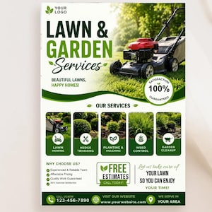 May include: A promotional flyer for lawn and garden services. The design features a green and white colour scheme with the text "LAWN & GARDEN Services." Images of lawn mowing, hedge trimming, and other services are included. A lawnmower is shown on a green lawn.