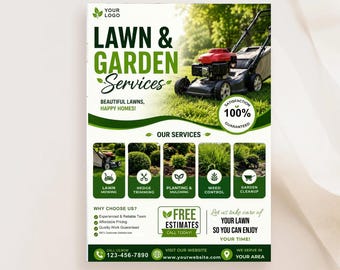 Plantilla editable de folleto para cuidado del césped en Canva / Folleto de paisajismo, cartel de servicio de corte de césped, anuncio de negocios de jardinería, folleto de marketing de jardinería