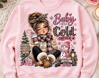 Baby It’s Cold Outside PNG, Leopard Print Winter PNG, Pink Christmas PNG, Cozy Winter Girl Sublimation, Snowflake Shirt Design