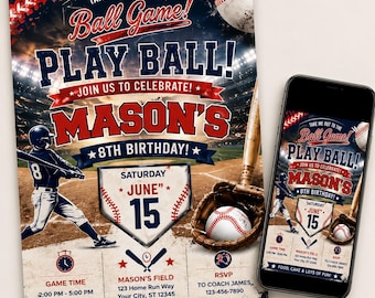 Baseball-Geburtstags-Einladungsvorlage, bearbeitbare Baseball-Party einladen, Spiel-Ball-Geburtstagseinladung, Sport-Geburtstagsfeier-Canva-Vorlage,