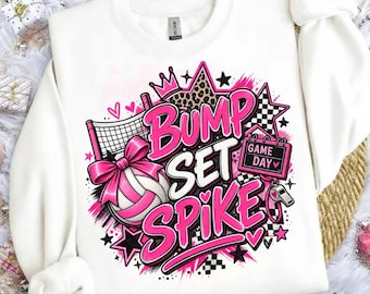 Bump-Set-Spike-PNG, Volleyball-PNG, Design für ein pinkes Volleyball-Shirt, Retro-Sport-Sublimation, Volleyball-Mama-PNG, Spieltags-Bundle