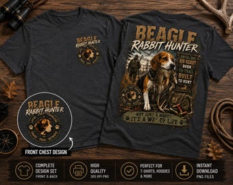 Beagle-Kaninchenjäger-PNG-Bundle, Vorder- und Rückseite des Shirts mit Design, Kaninchenjagdhund-PNG, Beagle-Jagd-DTG-Sublimations-PNG