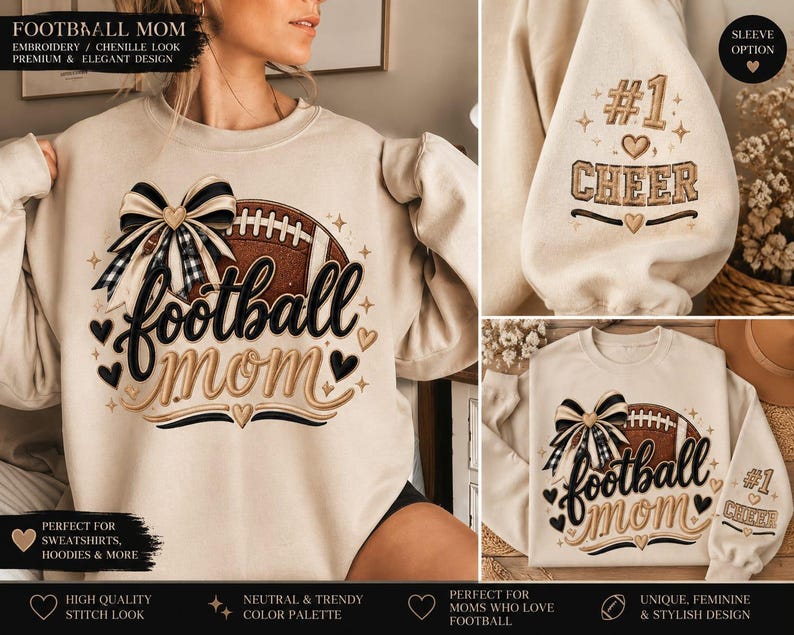 Peut inclure: Un sweat-shirt beige &agrave; col rond orn&eacute; d'un ballon de football marron avec un n&oelig;ud &agrave; carreaux noir et blanc. Le texte indique football mom en lettres noires et dor&eacute;es. La manche porte l'inscription #1 CHEER avec des c&oelig;urs et des &eacute;toiles.