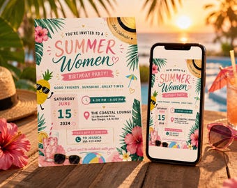 Sommer Frauen Geburtstag Party Einladung Vorlage Canva Editierbar | Pink Orange Geburtstag einladen | Erwachsener weiblicher Geburtstag | Sofort Download