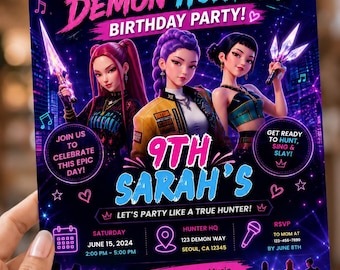 K-pop Demon Hunters födelsedagsinbjudan, redigerbar Canvas-mall för tjejfest, neoninbjudan med biljett, utskrivbar födelsedagsinbjudan