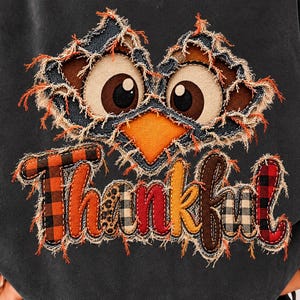 Puede incluir: Una sudadera gris carbón con una aplicación deshilachada de una cara de búho con ojos grandes y pico naranja, situada sobre la palabra Thankful, con cada letra hecha de un tejido diferente de cuadros, leopardo o color sólido.
