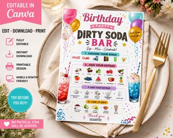 Plantilla de menú para fiesta de cumpleaños con barra de refrescos, cartel editable de Canva para barra de refrescos, menú para estación de bebidas de cumpleaños, crea tu propia barra de refrescos.