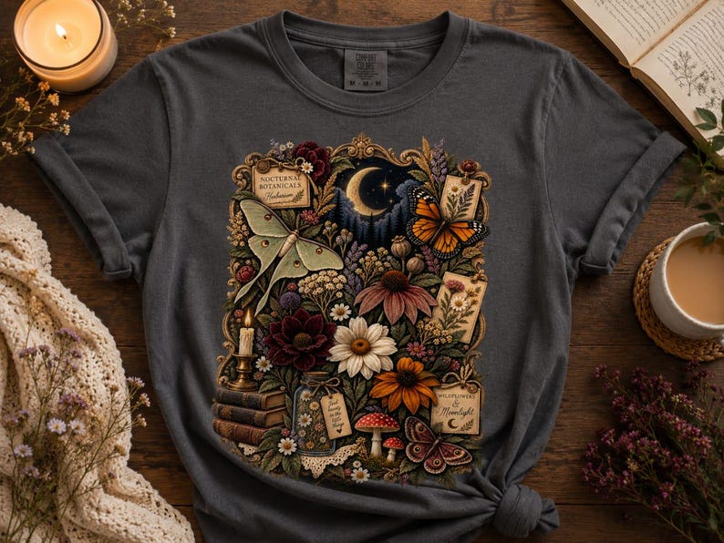 May include: A charcoal gray t-shirt featuring a central graphic print of a crescent moon, a luna moth, a monarch butterfly, various wildflowers, mushrooms, a stack of books, and a candle, all framed within an ornate, vintage-style border.