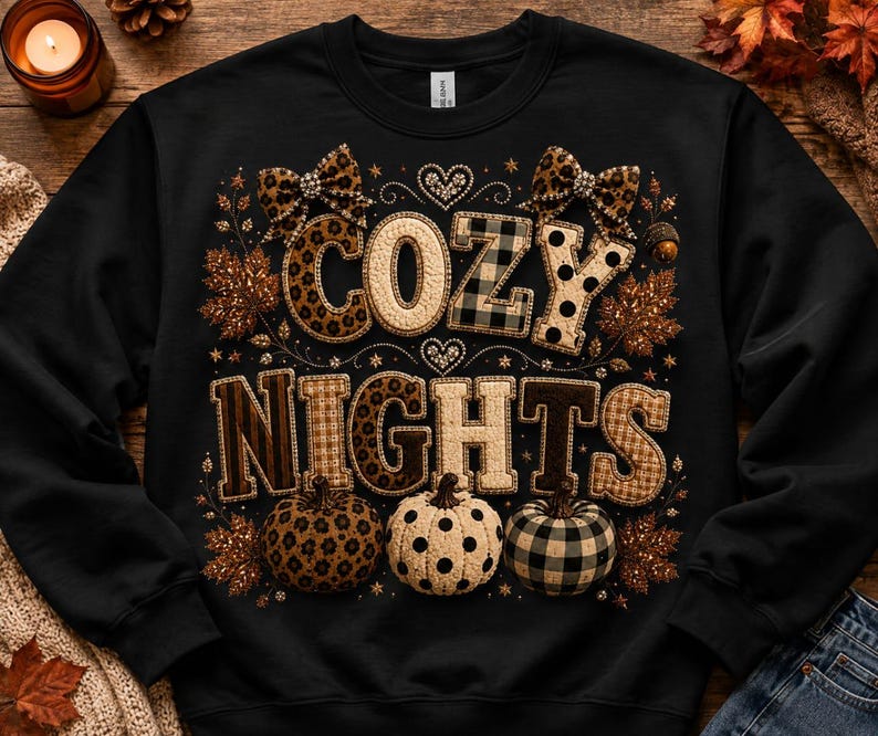 May include: A black crewneck sweatshirt featuring the text COZY NIGHTS in large, patterned block letters. The design includes leopard print, plaid, and polka dot motifs, accented with two leopard print bows, hearts, and three pumpkins.