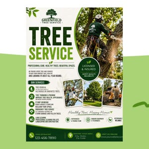 Flyermall för trädvård, redigerbar i Canva, flygblad för trädfällning, marknadsföringsflyer för arborist, flygblad för stubbfräsning, flygblad för landskapsarkitekturföretag