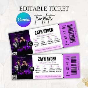 Puede incluir: Dos entradas de concierto moradas y blancas con el texto "Zayn Ryder The Romantic Tour". Las entradas incluyen la fecha, la hora, el lugar y el precio. Las entradas tienen una foto de dos hombres.