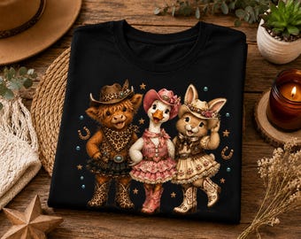 Western Cowgirl Animals PNG, Highland Cow Duck Bunny PNG, Western Farm Animal Shirt Design, Cowgirl Boots PNG, Country Western Sublimation