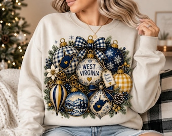 Weihnachtsschmuck aus West Virginia (PNG), blau-weiß kariertes Weihnachtsmotiv im Sublimationsdruck, Grafik für Weihnachtsschmuck aus West Virginia, gemütliches Südstaaten-Design (PNG)