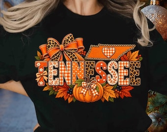 Herbstmotiv Tennessee (PNG), T-Shirt-Design Tennessee, Herbstmotiv Tennessee (PNG), Kürbis mit Leoparden-Gingham-Muster (PNG), Sublimationsdruck für den südlichen Herbst, Schleife Tennessee (PNG)
