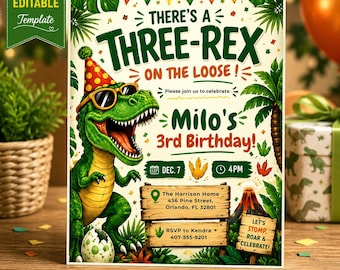 Invitación de cumpleaños de T-Rex, plantilla de invitación de cumpleaños de dinosaurio, invitación editable en Canva, invitación para fiesta de T-Rex, invitación de cumpleaños para niño