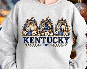 Kentucky Pumpkin PNG, Blue Gingham Fall Sublimation Design, Kentucky Autumn Pumpkin Graphic, Cozy Southern Fall PNG Farmhouse Pumpkin Design