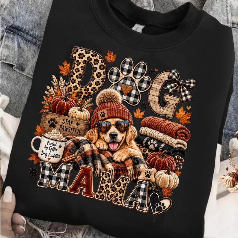 Puede incluir: Una sudadera negra con el gr&aacute;fico de un golden retriever con gorro y gafas de sol en forma de coraz&oacute;n. El dise&ntilde;o incluye el texto DOG MAMA, una taza con "Fueled by Coffee & Dog Cuddles", calabazas, hojas de oto&ntilde;o y patrones de cuadros.