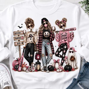 May include: A white long-sleeve sweatshirt featuring a graphic of three skeleton figures dressed in casual clothing. The design includes text reading BASEBALL, PUMPKINS, BOO, BOO CREW, and SPOOKY SEASON, alongside baseball bats, pumpkins, and a ghost figure.