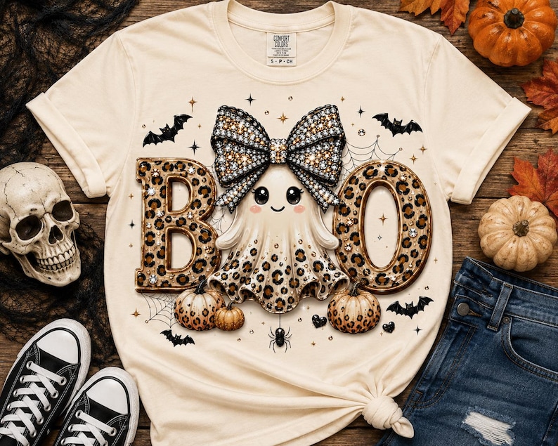 Op de afbeelding: Een cr&egrave;mekleurig t-shirt met een afbeelding van een geest met een grote strik met luipaardprint op het hoofd. De geest staat tussen de letters B en O, die ook een luipaardprint hebben. Het ontwerp bevat kleine pompoenen, vleermuizen en spinnenwebben.