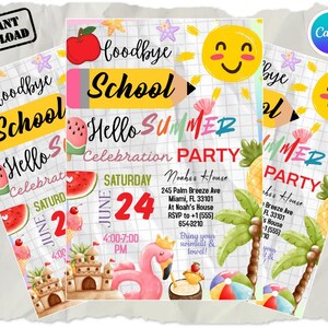 Può includere: Tre biglietti d'invito colorati con un tema di festa estiva. Le carte presentano illustrazioni di una mela rossa, una matita, un'anguria, un gelato e un fenicottero. Il testo include "Goodbye School" e "Hello Summer Celebration Party".