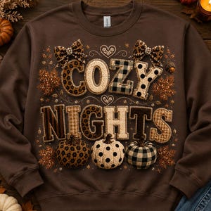 May include: A dark brown crewneck sweatshirt featuring the text COZY NIGHTS in a mix of leopard, plaid, and polka dot patterns. The design includes two leopard print bows, small hearts, and three pumpkins with matching patterns at the bottom.