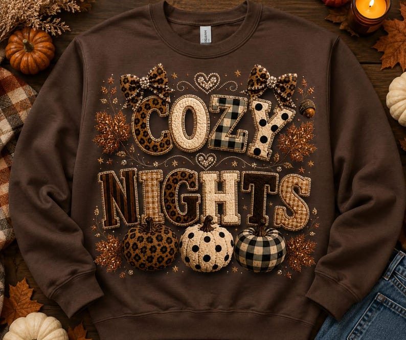May include: A dark brown crewneck sweatshirt featuring the text COZY NIGHTS in a mix of leopard, plaid, and polka dot patterns. The design includes two leopard print bows, small hearts, and three pumpkins with matching patterns at the bottom.