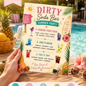May include: A rectangular sign titled Dirty Soda Bar Summer Party with instructions to choose soda, add flavor, and top it off. The design features tropical illustrations of pineapples, hibiscus flowers, palm leaves, and various drink glasses.