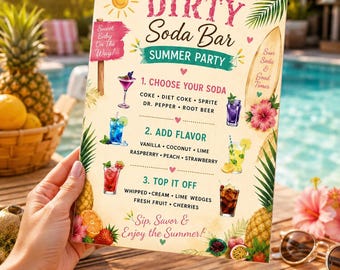Plantilla de menú para barra de refrescos para fiesta de verano, cartel editable para barra de refrescos en Canva, estación de bebidas para fiesta tropical en la piscina, menú imprimible para barra de limonada