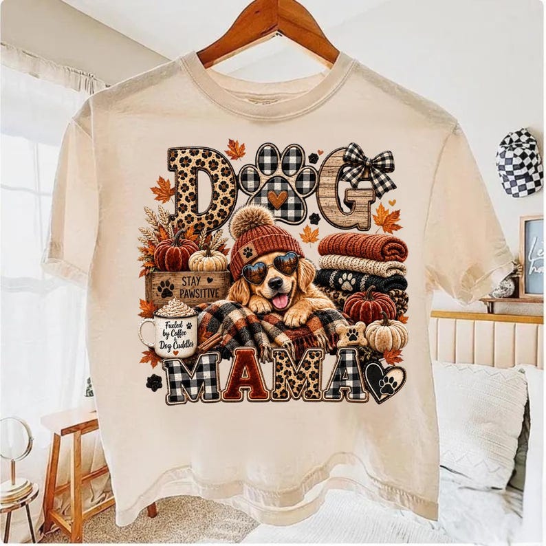 Puede incluir: Una camiseta de color crema con un gr&aacute;fico de un golden retriever que lleva un gorro y gafas de sol en forma de coraz&oacute;n. El dise&ntilde;o incluye calabazas, una taza de caf&eacute; con la inscripci&oacute;n 'Fueled by Coffee and Dog Cuddles' y el texto 'DOG MAMA'.