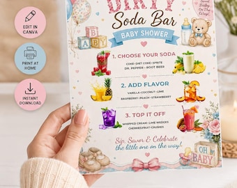 Babyparty Dirty Soda Bar Menü Vorlage, bearbeitbares Canva Soda Bar Schild, Baue Deine eigene Getränkestation, druckbares Menü Instant Download Decor