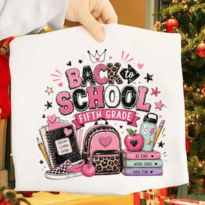 Back to school fifth grade PNG, cute school sublimation design, pink leopard backpack PNG, trendy school clipart, first day of school PNG