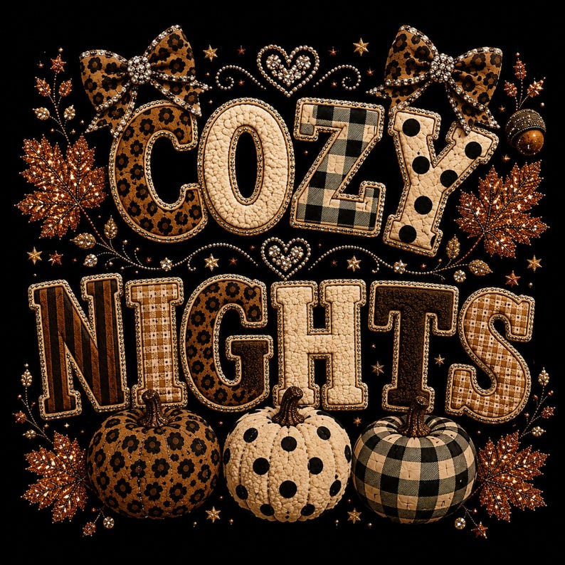 May include: A graphic design on a black background featuring the text COZY NIGHTS in quilted-style letters with leopard, buffalo plaid, and polka dot patterns. The design includes two leopard print bows, heart shapes, stars, and three pumpkins.