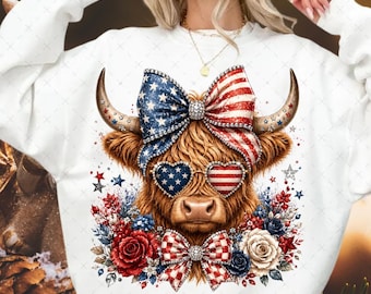 Patriotisk höglandsko PNG, sublimering av höglandsko för 4 juli, USA-skjortdesign, västerländsk cowgirl PNG, clipart för självständighetsdagen