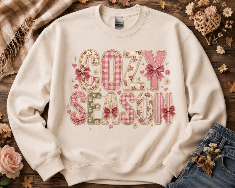May include: A cream-coloured crewneck sweatshirt featuring the text COZY SEASON in large, decorative letters. The letters are filled with various pink and green floral, gingham, and polka dot patterns, accented with small pink bows and pearls.