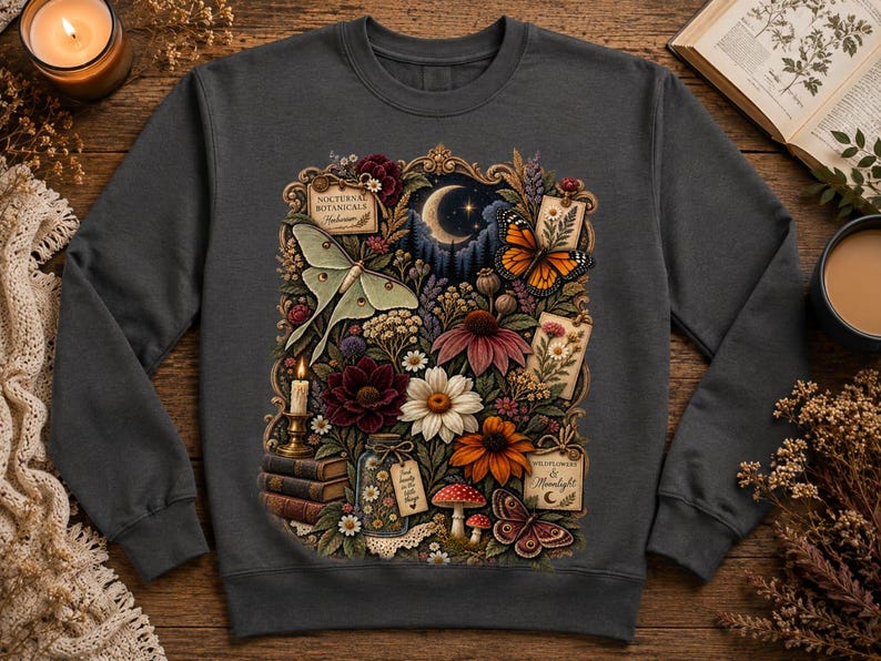 May include: A charcoal gray crewneck sweatshirt featuring a detailed graphic print of a crescent moon, a luna moth, a monarch butterfly, various colorful flowers, a stack of books, a lit candle, and small tags labeled Nocturnal Botanicals.
