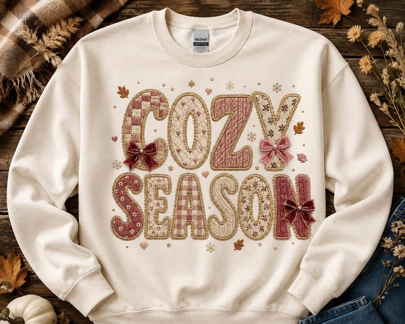 May include: A cream-coloured crewneck sweatshirt featuring the text COZY SEASON in large, textured letters. The letters have various patterns including plaid, quilted, and cable knit designs in shades of pink, brown, and tan, accented with small velvet bows.