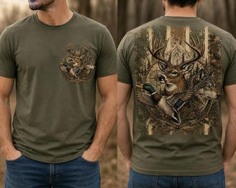 Buck Wolf Mallard Duck PNG,Hunting Wildlife Sublimation Design,Vintage Deer Hunting Shirt PNG, Outdoor Hunter Graphic,Camo Woodland DTGPrint