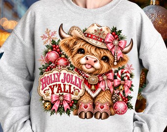 Holly Jolly Y’all Highland Cow PNG,Christmas Cow PNG,Western Christmas PNG,Cowgirl Christmas Shirt Design,Preppy Holiday png,Pink Christmas