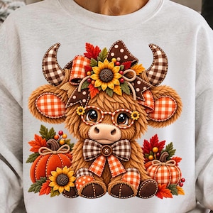 May include: A light gray sweatshirt featuring a graphic of a fluffy brown highland cow wearing round glasses and a plaid bow tie. The cow is decorated with a sunflower, autumn leaves, and plaid patterns on its horns and ears, flanked by pumpkins.