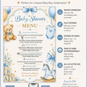 Op de afbeelding: Een baby shower menutemplate in blauw en goud. Het menu bevat voorgerechten, hoofdgerechten, desserts en drankjes. Het ontwerp toont een teddybeer, een romper en een schommelpaard.