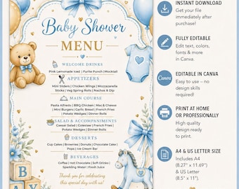 Editable Baby Shower Menu Template Canva, Baby Shower Menu Sign, Printable Baby Girl Shower Menu, Teddy Bear Shower Decor Instant Download