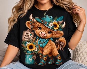 PNG-Bundle mit Hochlandrindern, Cowgirl-PNG, Leopardenrind-PNG, Westernrind, süßem Kuh-Shirt, rosa-türkis, Hochlandrind-PNG, Leopardenschleife, Kaffee-Sublimation