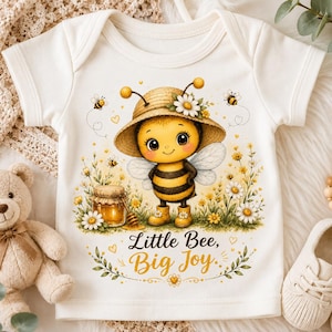 Pode incluir: Um body branco de manga curta para bebé com um gráfico de uma abelha de desenho animado com chapéu de palha e botas amarelas, rodeada por margaridas e um pote de mel. O texto "Little Bee, Big Joy." está impresso em letras pretas e douradas.
